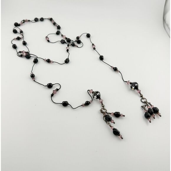 Vintage Lariat Necklace Black Pink Beads Glam Sparkle Boho Goth Luxury Versatile - Picture 2 of 7